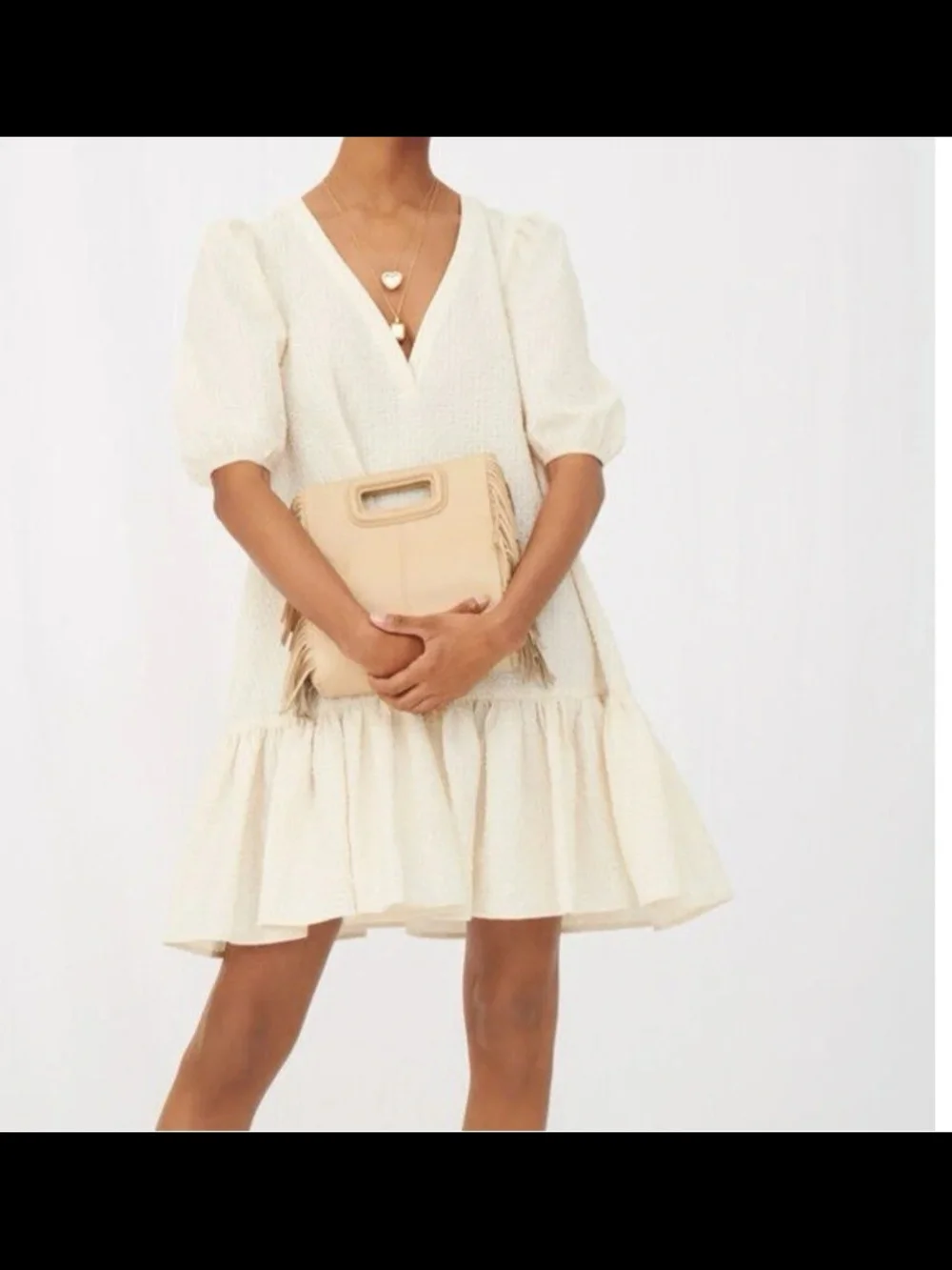 New With Tag Maje Cream V-Neck Puff Sleeve Tiered Dress